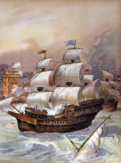 A frota de Jean Ango bloqueia o Tejo e ameaça Lisboa, c.1909 (ilustração) de Albert Robida