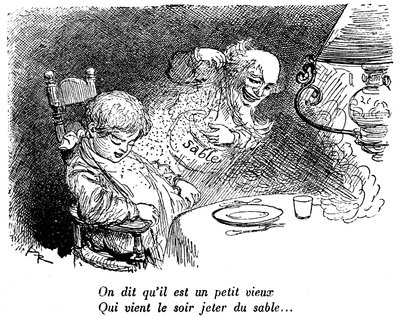 O mercador de areia já passou! Criança a dormir depois de comer. Dormir. "Dizem que é um velhinho que vem atirar areia à noite..." Desenho de Albert Robida (1848-1926) num livro de leituras infantis 1920-1930. de Albert Robida
