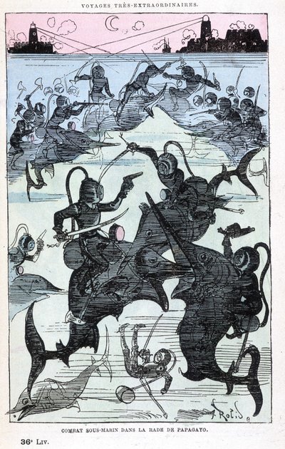 Combate submarino na baía de Papagayo (scaphandlers riding fish), paródia de Jules Verne, "Viagens muito extraordinárias de Saturnin Farandoul em 5 ou 6 partes do mundo e em todos os países conhecidos ou desconhecidos do Sr. Jules Verne" por Robida, Paris de Albert Robida