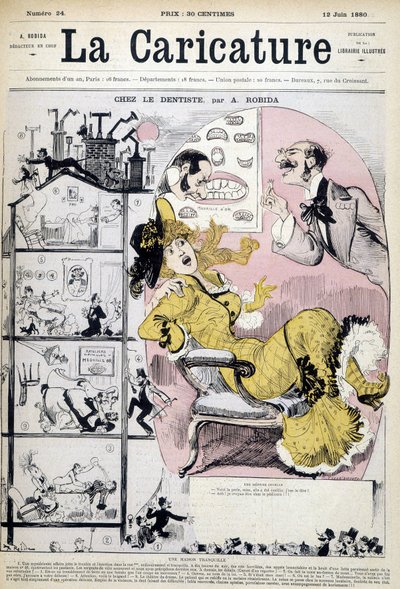 Mulher no dentista - por Robida, em "La caricature" de 06/12/1880. de Albert Robida