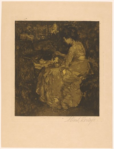 Mulher a alimentar uma criança com papas num berço de Albert Roelofs (signed by artist)