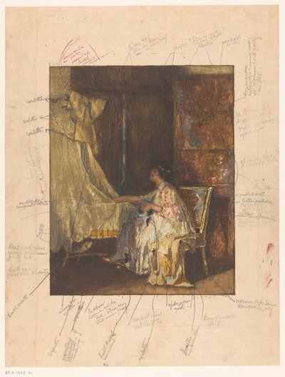 Mulher sentada numa cadeira ao lado de um berço de Albert Roelofs