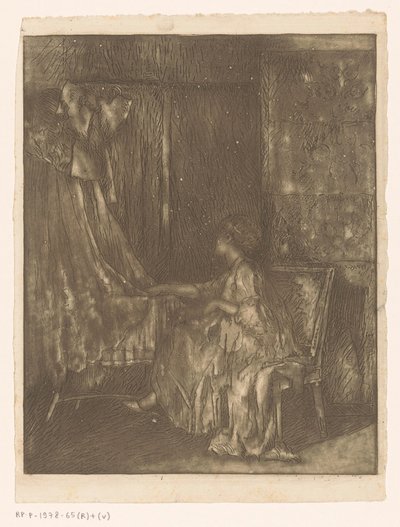 Mulher sentada numa cadeira ao lado de um berço de Albert Roelofs