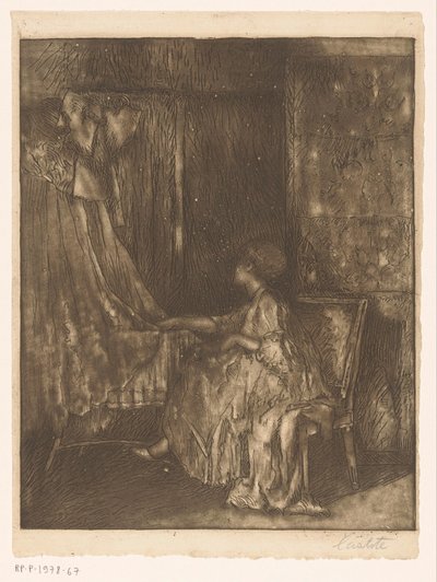 Mulher sentada numa cadeira ao lado de um berço de Albert Roelofs