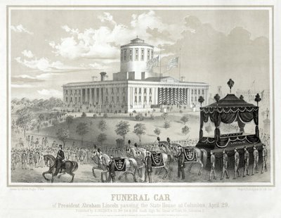 Carro funerário do Presidente Abraham Lincoln passando pela Casa de Estado em Columbus, 29 de abril, pub. 1865 (gravura) de Albert Ruger