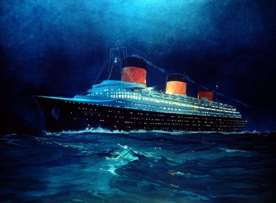 O transatlântico francês Normandy durante a travessia nocturna, século XX (pintura) de Albert Sébille