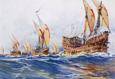 Navios franceses do rei Luís IX durante a oitava cruzada em 1268, aguarela de Albert Sebille (1874-1953) de Albert Sébille