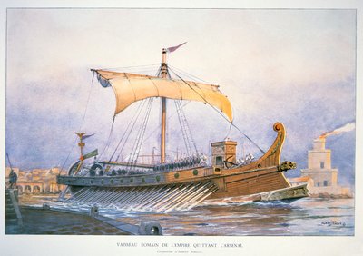 Navio imperial romano a sair do porto, c.1930 (litografia a cores) de Albert Sébille