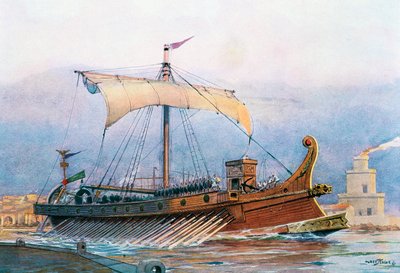 Navio da época imperial romana a sair do arsenal, aguarela de Albert Sebille (1874-1953) de Albert Sébille