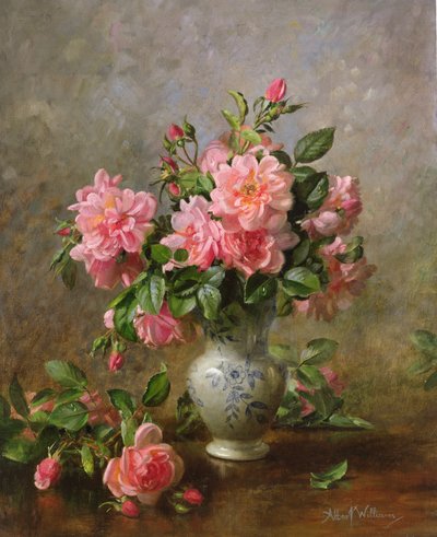 AB1022 Rosas em um vaso azul e branco de Albert Williams