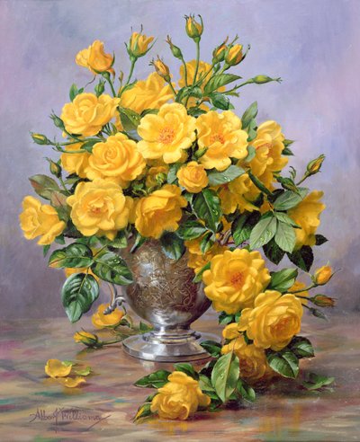 Sorriso brilhante - rosas em um vaso de prata de Albert Williams