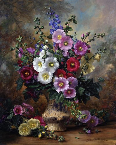 Malvas-rosa num vaso de porcelana (óleo sobre tela) de Albert Williams