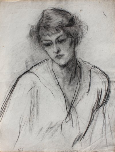 Metade comprimento, retrato, de, um, menina jovem, inclinar-se, c.1910, (black, chalk on paper) de Albert de Belleroche