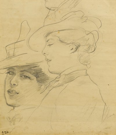 Cabeça, de, um, mulher, desgastar um chapéu decorado, perfil, e, três, vista trimestre, c.1900, (pencil, ligado, luz, marrom, paper) de Albert de Belleroche