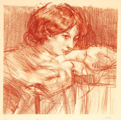 Jovem senhora apoiando-se nas mãos cruzadas, 1902 de Albert de Belleroche