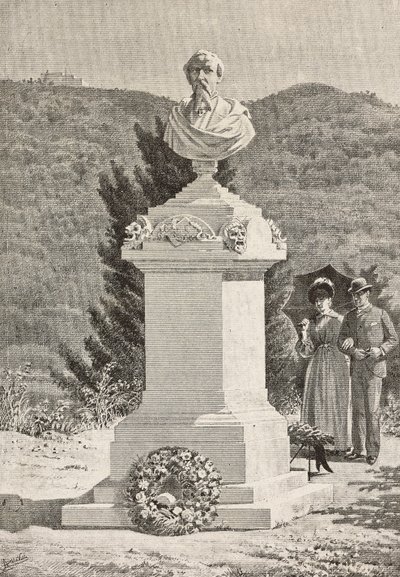 Monumento a Paolo Giacometti (1816-1882) no cemitério de Staglieno, Génova, Itália, gravura a partir de desenho de Alberto della Valle, de L