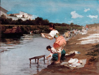 Lavadoras de roupa no rio (óleo sobre tela de Alberto Issel