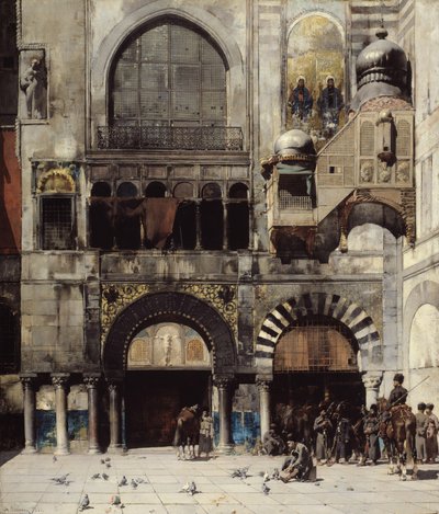 Cavalaria circassiana aguardando seu oficial comandante na porta de um monumento bizantino, Memória do Oriente, 1880 de Alberto Pasini