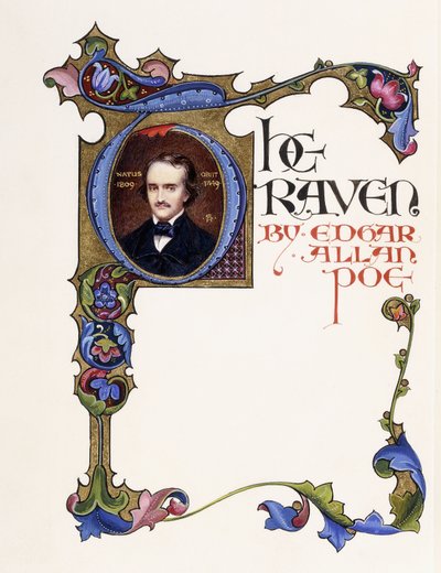 Página de rosto iluminada do livro &39;The Raven&39;, de Edgar Allan Poe, mostrando um retrato do artista e uma inicial &39;T&39; histórica de Alberto Sangorski