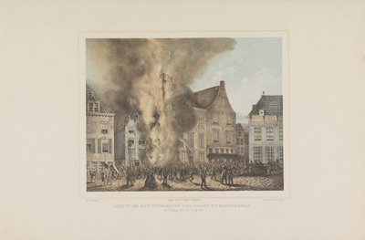 Vista no início do incêndio em Middelburg. no domingo, 28 de junho de 1857 (título no objeto) de Albertus Anthonius Nunnink