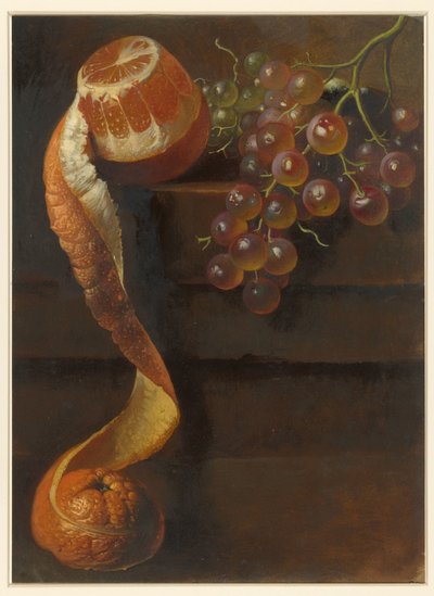 Natureza morta com laranja descascada e cacho de uvas de Albertus Steenbergen