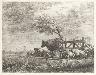 Vacas por uma cerca e um salgueiro do pollard de Albertus Verhoesen