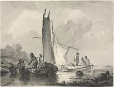 Paisagem fluvial com pescador e três barcos de Albertus van Beest