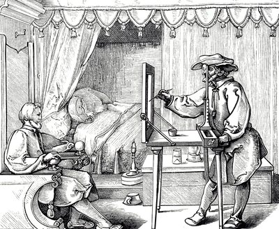 Uma gravura de xilogravura representando um artista usando um auxílio de desenho para obter as proporções de um retrato correto. Gravura de Albrecht Dürer (1471-1528), pintor, gravador e teórico da Renascença alemão. de Albrecht (after) Durer or Duerer