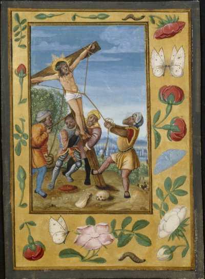 Folha de um Livro de Horas: A Elevação da Cruz, c. 1510-1520 (têmpera e ouro líquido sobre velino) de Albrecht (after) Durer or Duerer