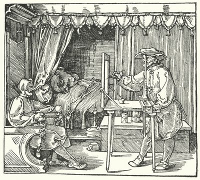 Método de produção de uma imagem em escala através da marcação dos contornos do objecto sobre uma folha de vidro (gravura) de Albrecht (after) Durer or Duerer