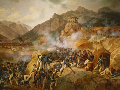 As tropas de Napoleão atacam a fortaleza austríaca de Malborget, no Tirol do Sul ... (óleo sobre tela) de Albrecht Adam