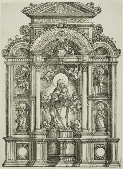 Retábulo com a bela Virgem de Ratisbona e os santos Cristóvão, Maria Madalena, Floriano e Catarina em nichos, com Deus Pai no alto de Albrecht Altdorfer