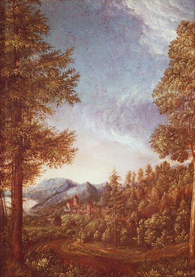 Paisagem do Danúbio com Castelo Worth, c.1522-25 (pergaminho sobre faia) de Albrecht Altdorfer
