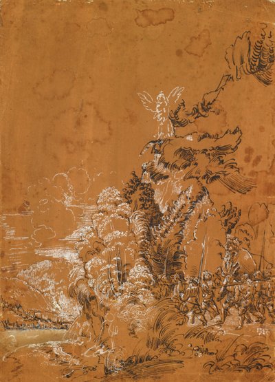 Paisagem da floresta com anjos e mercenários de Albrecht Altdorfer