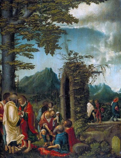 Alemão: Der Abschied der Apostel in waldiger Landschaft Comunhão dos Apóstolos / Apóstolos numa paisagem arborizada de Albrecht Altdorfer