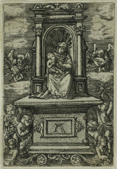 "A bela Virgem de Regensburg" com o Menino num trono, rodeado de anjos com instrumentos musicais de Albrecht Altdorfer