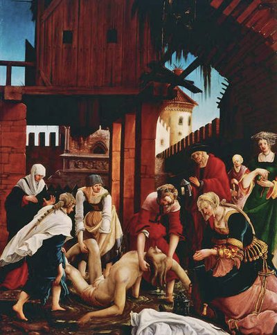 A descoberta do corpo do santo na Cloaca Maxima, a partir do retábulo de São Sebastião de Albrecht Altdorfer