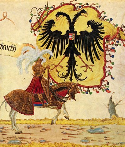 Cortejo triunfal do imperador Maximiliano, cena: estandarte e espada imperiais, pormenor de Albrecht Altdorfer