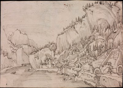 Vista de Sarmingstein no Danúbio (Áustria) - Desenho de Albrecht Altdorfer (por volta de 1480-1538) de Albrecht Altdorfer