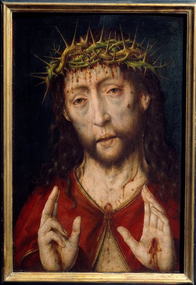 Cristo da dor. Rosto de Cristo em feridas de sangue pela coroa de espinhos com estigmas nas palmas das mãos. Pintura de Albrecht Bouts (v.1455-1549) Ec. Hol. de Albrecht Bouts