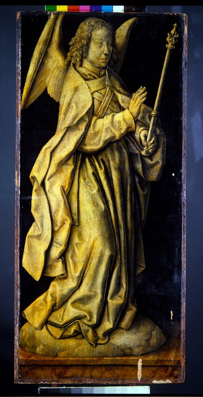Antigas asas de um tríptico, um par, figuras femininas personificando a sabedoria e a generosidade, com a anunciação (painel; verso em grisaille) de Albrecht Bouts