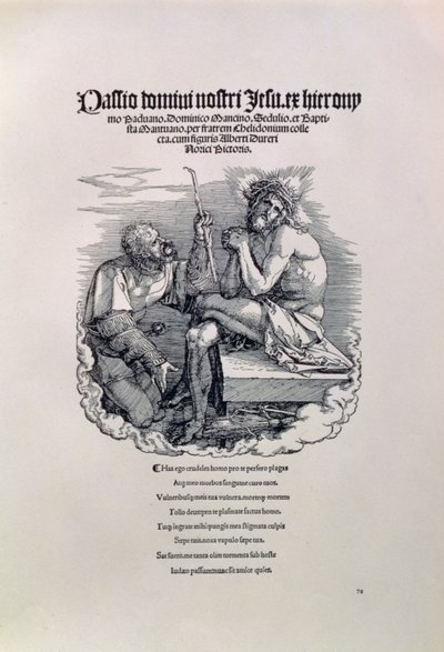 Um soldado romano zombando de Cristo, com o nome do artista em latim acima, e abaixo de um poema repreendendo o homem por seus pecados, título da série The Great Passion, pub. 1511 de Albrecht Dürer
