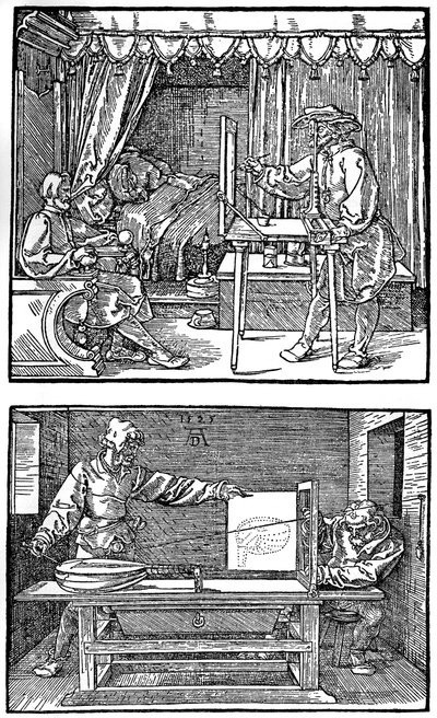 Aparelho para traduzir objetos tridimensionais em desenhos bidimensionais, 1525, 1936 de Albrecht Dürer