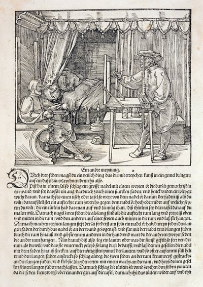 Artista usando a máquina de desenho de Durer para pintar uma figura, de &39;Curso na Arte do Desenho&39; de Albrecht Durer, publicado em Nuremberg 1525 (ver também 310983) de Albrecht Dürer