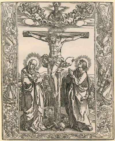 Cristo na cruz com uma moldura de anjos de Albrecht Dürer