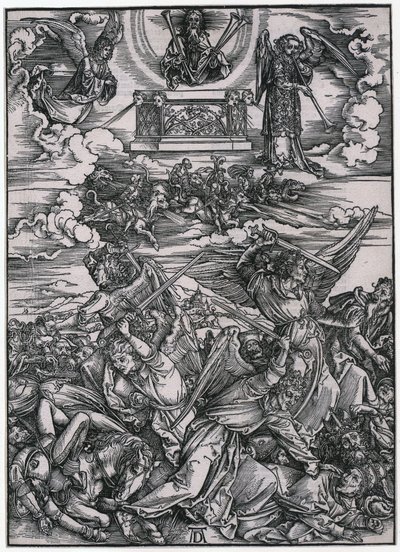 A Batalha dos Anjos, VII. Figura, folha 9 da série «O Apocalipse» de Albrecht Dürer