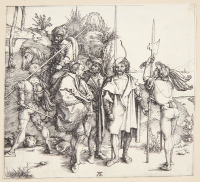 Cinco lansquenets e um cavalo oriental de Albrecht Dürer