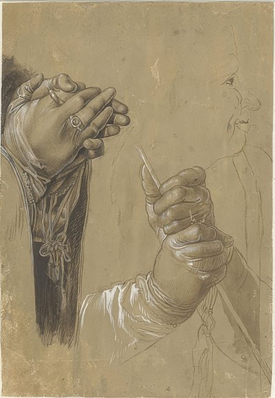 Mãos e uma cabeça no perfil de Albrecht Dürer