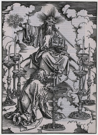 João avista os sete candelabros, Figura I, folha 3 da série «O Apocalipse» de Albrecht Dürer
