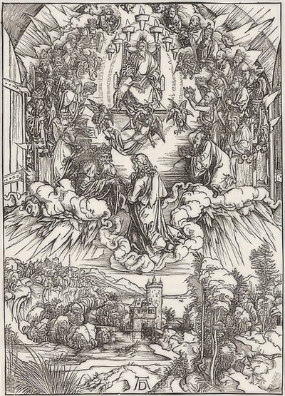 João diante do pai de Deus e dos anciãos, pela conseqüência do apocalipse. 1496 de Albrecht Dürer